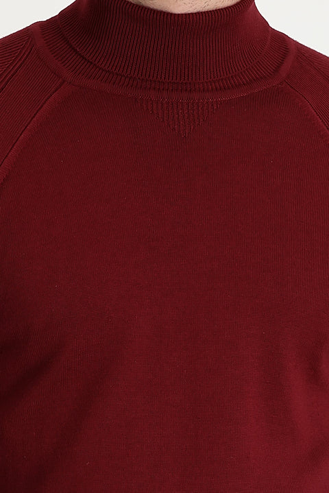 Light Burgundy Turtleneck Slim Fit Narrow Cut Patterned Cotton Knit Sweater