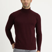 Dark Burgundy Turtleneck Slim Fit Narrow Cut Patterned Cotton Knit Sweater