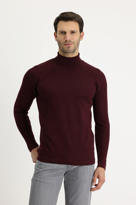 Dark Burgundy Turtleneck Slim Fit Narrow Cut Patterned Cotton Knit Sweater