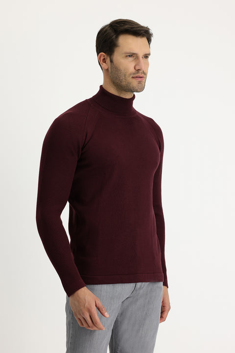 Dark Burgundy Turtleneck Slim Fit Narrow Cut Patterned Cotton Knit Sweater