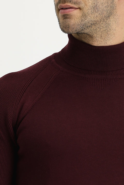 Dark Burgundy Turtleneck Slim Fit Narrow Cut Patterned Cotton Knit Sweater