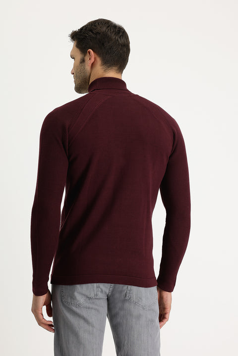 Dark Burgundy Turtleneck Slim Fit Narrow Cut Patterned Cotton Knit Sweater