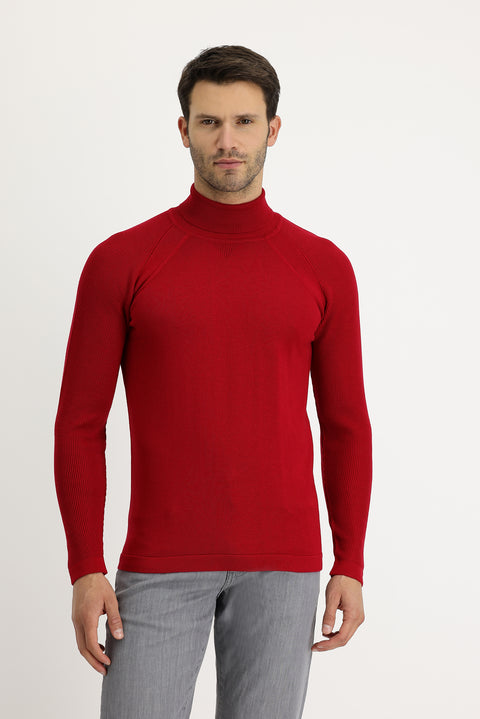 Dark Red Turtleneck Slim Fit Narrow Cut Patterned Cotton Knit Sweater