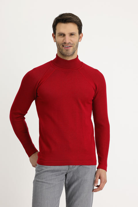 Dark Red Turtleneck Slim Fit Narrow Cut Patterned Cotton Knit Sweater