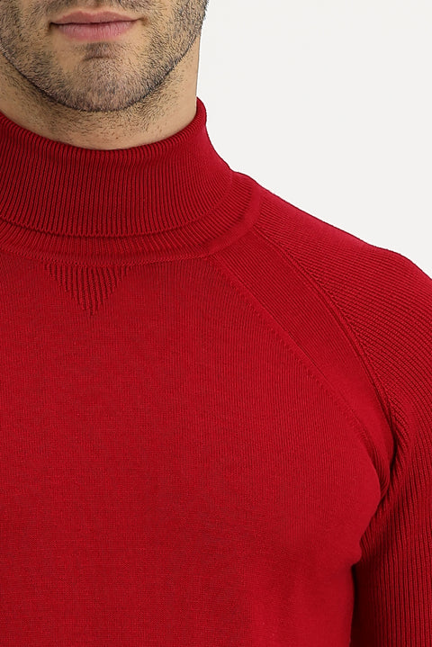 Dark Red Turtleneck Slim Fit Narrow Cut Patterned Cotton Knit Sweater