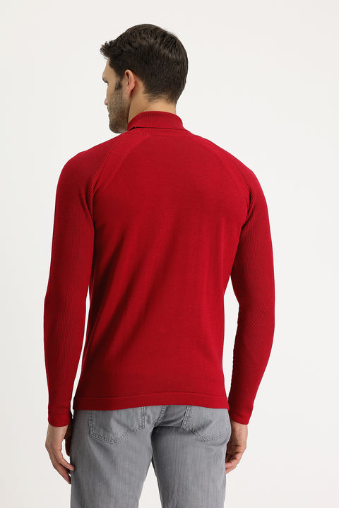 Dark Red Turtleneck Slim Fit Narrow Cut Patterned Cotton Knit Sweater