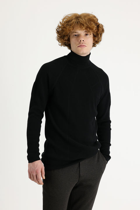 Black Turtleneck Slim Fit Patterned Knit Sweater