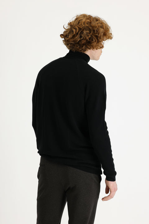 Black Turtleneck Slim Fit Patterned Knit Sweater