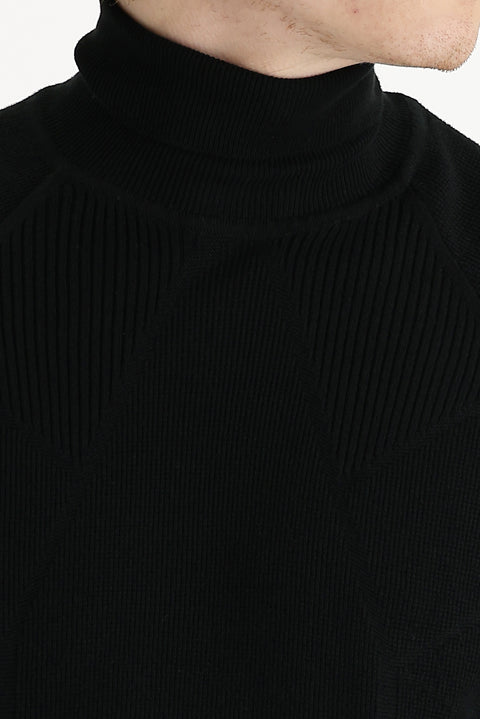 Black Turtleneck Slim Fit Patterned Knit Sweater