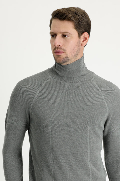 Medium Grey Melange Turtleneck Slim Fit Narrow Cut Patterned Knit Sweater