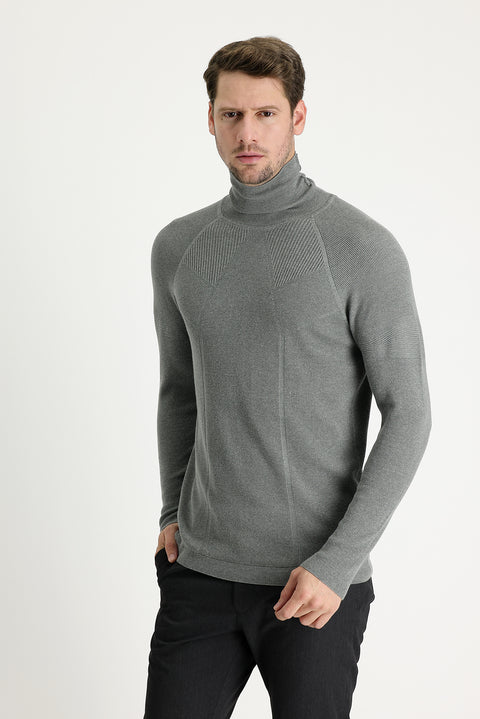 Medium Grey Melange Turtleneck Slim Fit Narrow Cut Patterned Knit Sweater