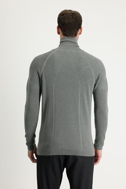 Medium Grey Melange Turtleneck Slim Fit Narrow Cut Patterned Knit Sweater
