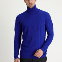 Light Navy Blue Turtleneck Slim Fit Narrow Cut Patterned Cotton Knit Sweater