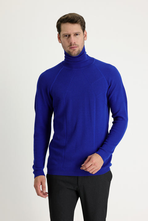 Light Navy Blue Turtleneck Slim Fit Narrow Cut Patterned Cotton Knit Sweater