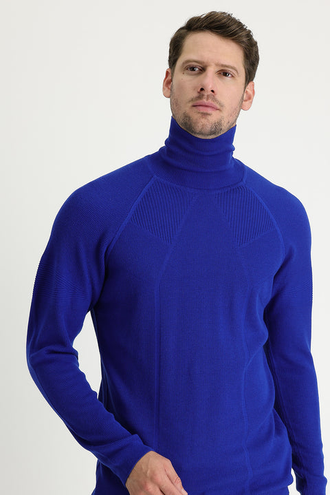 Light Navy Blue Turtleneck Slim Fit Narrow Cut Patterned Cotton Knit Sweater