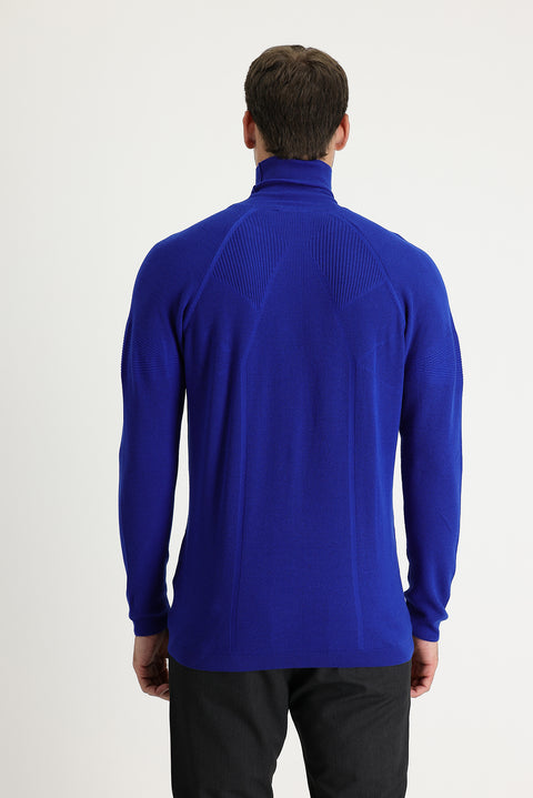 Light Navy Blue Turtleneck Slim Fit Narrow Cut Patterned Cotton Knit Sweater