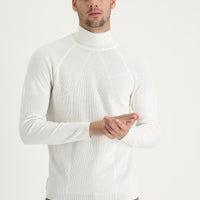 Ekru Balıkçı Yaka Slim Fit Dar Kesim Desenli Pamuklu Triko Kazak