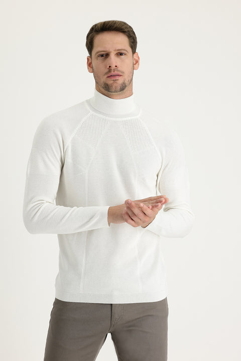 Ekru Balıkçı Yaka Slim Fit Dar Kesim Desenli Pamuklu Triko Kazak