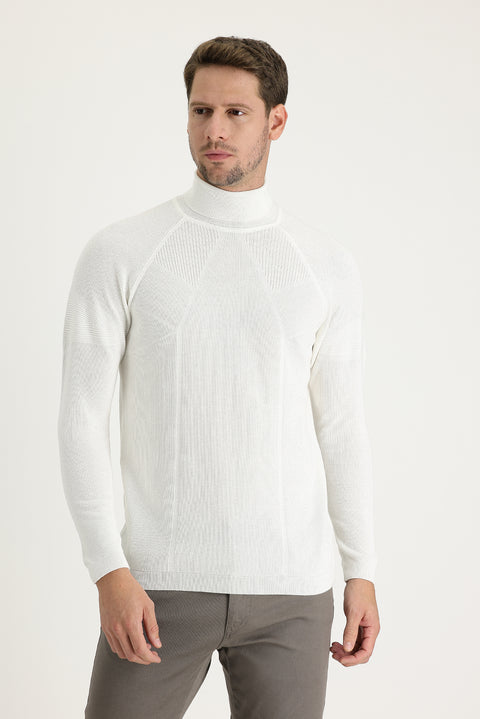 Ekru Balıkçı Yaka Slim Fit Dar Kesim Desenli Pamuklu Triko Kazak