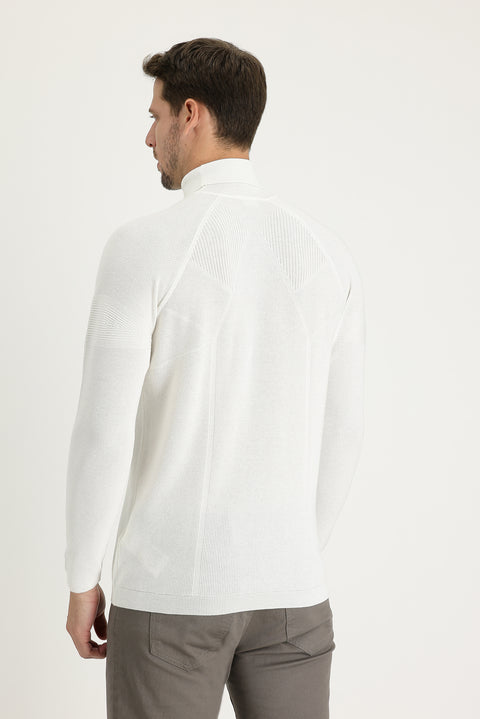 Ekru Balıkçı Yaka Slim Fit Dar Kesim Desenli Pamuklu Triko Kazak