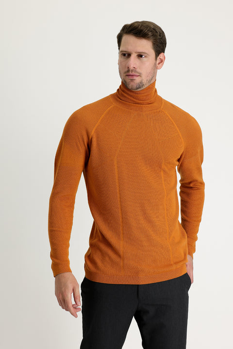 Pumpkin Turtleneck Slim Fit Narrow Cut Patterned Cotton Knit Sweater