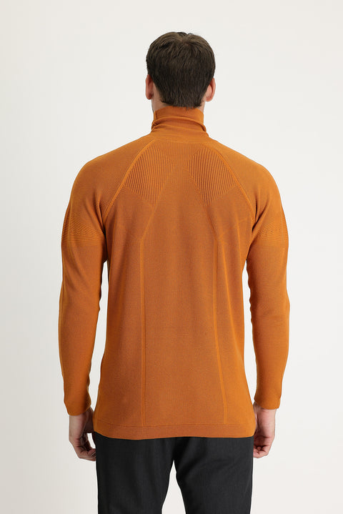 Pumpkin Turtleneck Slim Fit Narrow Cut Patterned Cotton Knit Sweater