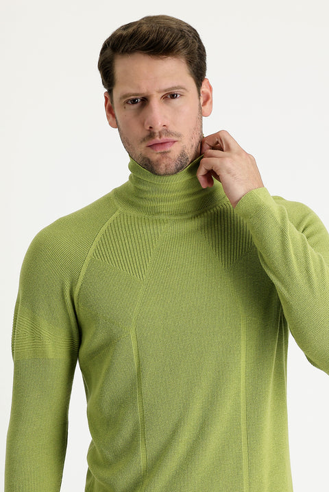 Pistachio Green Turtleneck Slim Fit Narrow Cut Patterned Knit Sweater