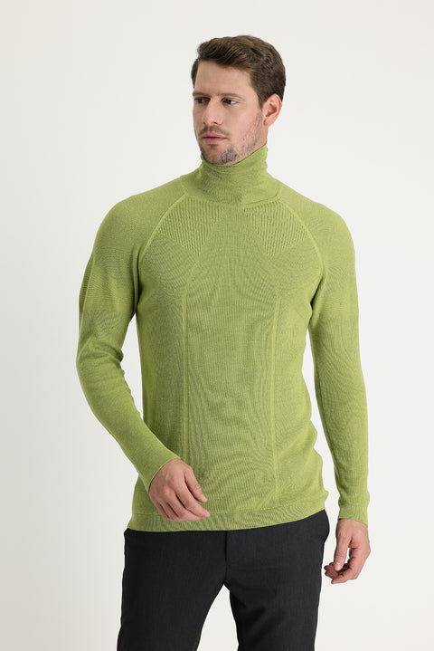 Pistachio Green Turtleneck Slim Fit Narrow Cut Patterned Knit Sweater