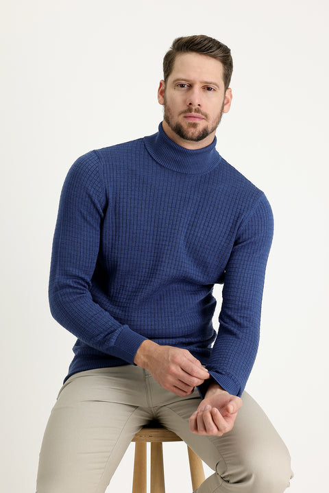 Indigo Melange Turtleneck Slim Fit Patterned Knit Sweater