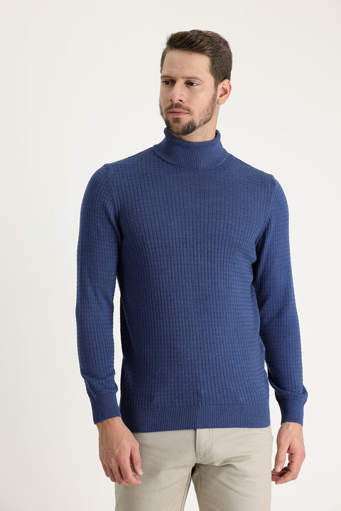 Indigo Melange Turtleneck Slim Fit Patterned Knit Sweater