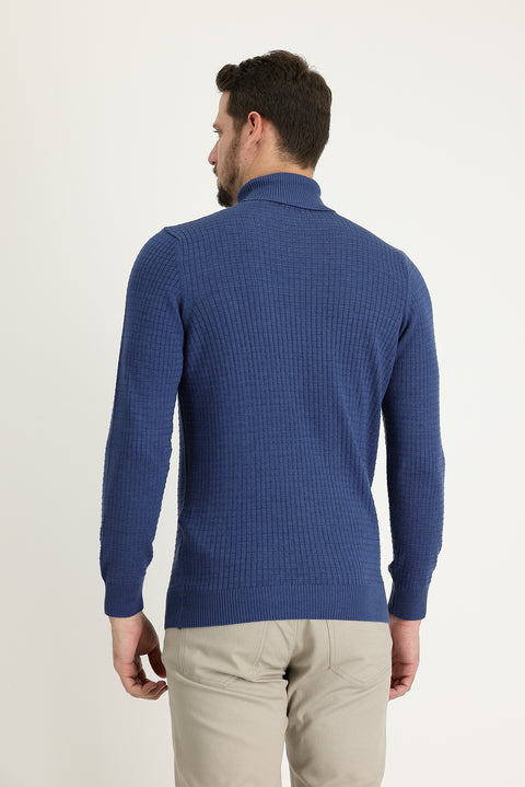 Indigo Melange Turtleneck Slim Fit Patterned Knit Sweater