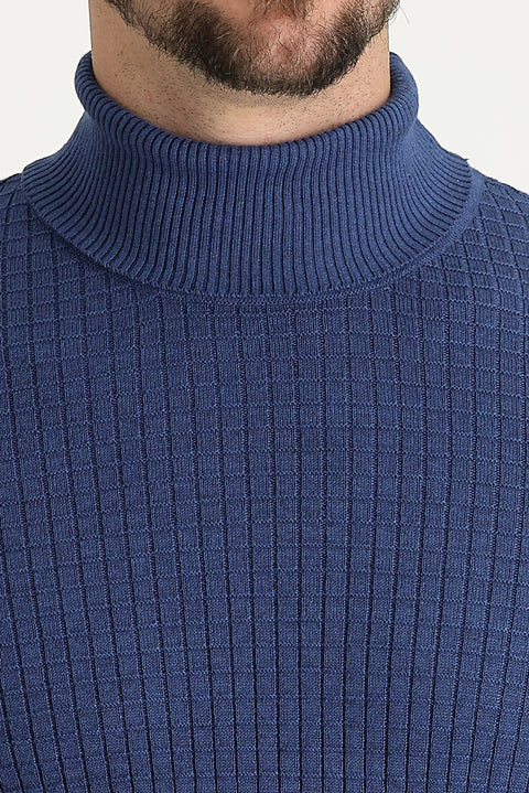 Indigo Melange Turtleneck Slim Fit Patterned Knit Sweater