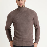 Light Brown Melange Turtleneck Slim Fit Narrow Cut Patterned Knit Sweater