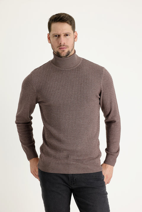 Light Brown Melange Turtleneck Slim Fit Narrow Cut Patterned Knit Sweater