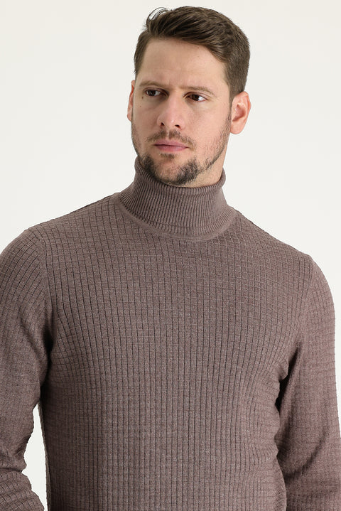 Light Brown Melange Turtleneck Slim Fit Narrow Cut Patterned Knit Sweater