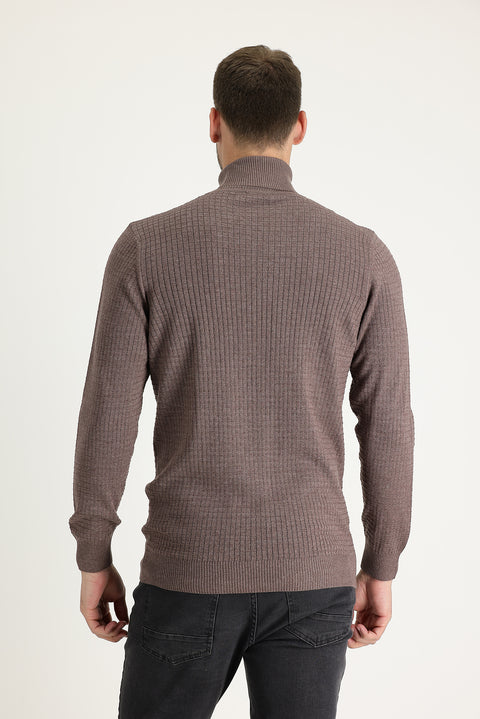 Light Brown Melange Turtleneck Slim Fit Narrow Cut Patterned Knit Sweater