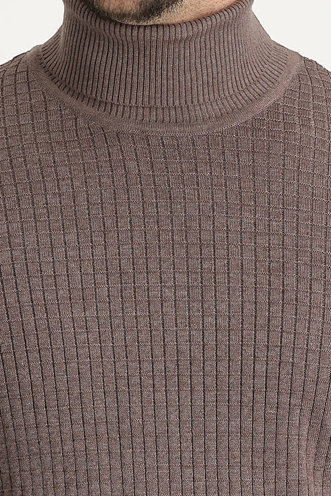 Light Brown Melange Turtleneck Slim Fit Narrow Cut Patterned Knit Sweater