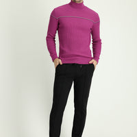 Medium Purple Turtleneck Slim Fit Narrow Cut Patterned Cotton Knit Sweater