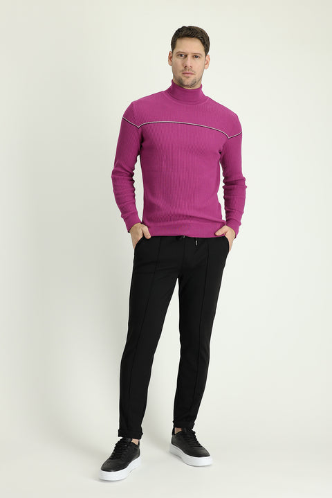 Medium Purple Turtleneck Slim Fit Narrow Cut Patterned Cotton Knit Sweater