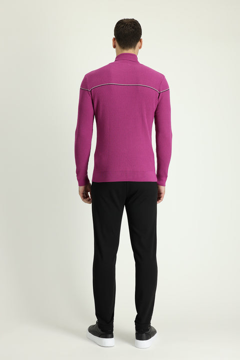 Medium Purple Turtleneck Slim Fit Narrow Cut Patterned Cotton Knit Sweater