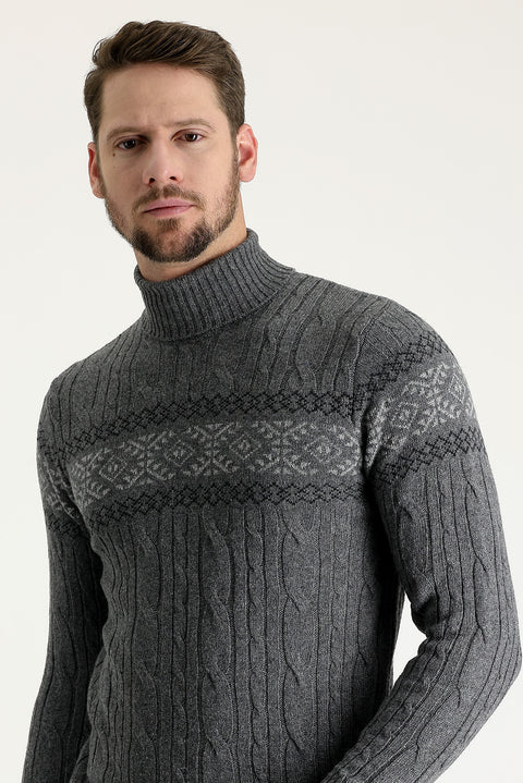Orta Füme Balıkçı Yaka Slim Fit Dar Kesim Yünlü Desenli Triko Kazak