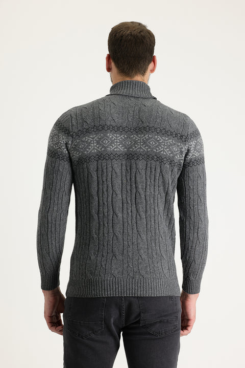 Orta Füme Balıkçı Yaka Slim Fit Dar Kesim Yünlü Desenli Triko Kazak