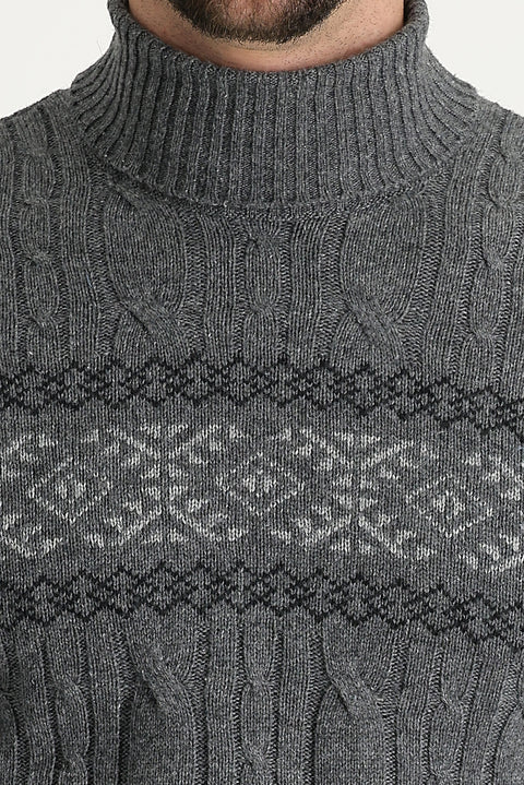 Orta Füme Balıkçı Yaka Slim Fit Dar Kesim Yünlü Desenli Triko Kazak