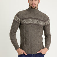 Medium Brown Turtleneck Slim Fit Narrow Cut Wool Patterned Knit Sweater