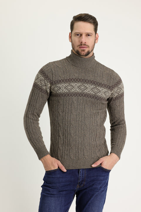Medium Brown Turtleneck Slim Fit Narrow Cut Wool Patterned Knit Sweater