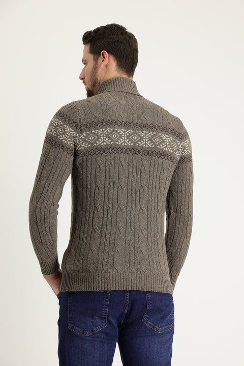Medium Brown Turtleneck Slim Fit Narrow Cut Wool Patterned Knit Sweater