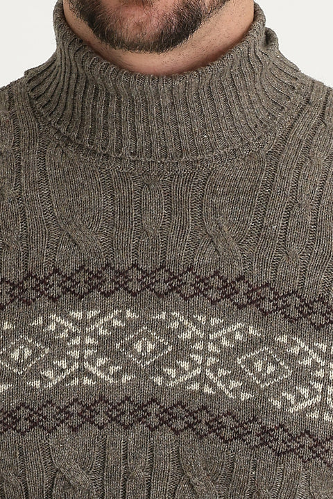 Medium Brown Turtleneck Slim Fit Narrow Cut Wool Patterned Knit Sweater