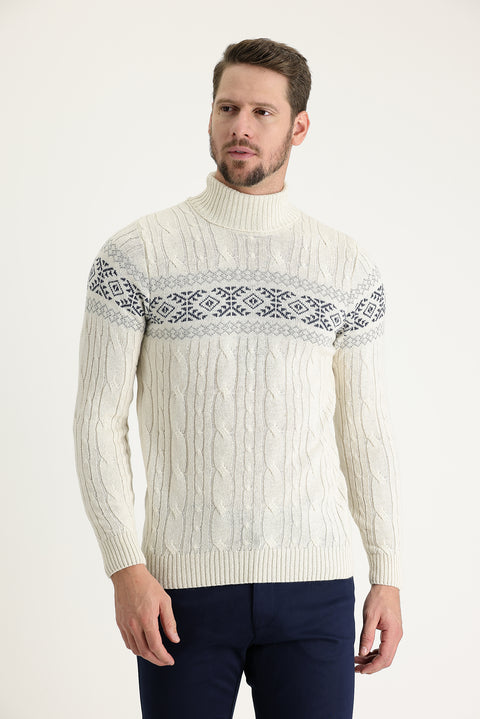 Off-white Turtleneck Slim Fit Narrow Cut Wool Patterned Knit Sweater