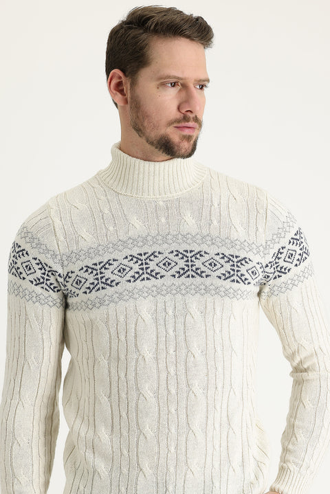 Off-white Turtleneck Slim Fit Narrow Cut Wool Patterned Knit Sweater