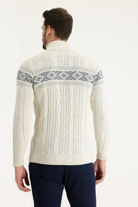 Off-white Turtleneck Slim Fit Narrow Cut Wool Patterned Knit Sweater